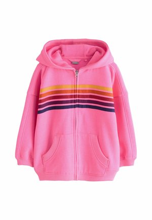 Rosa Kapuzenjacke mit Reißverschluss, vorn mit Taschen, und horizontalen Streifen in Gelb, Rot, Lila und Dunkelblau über der Brust und den Ärmeln.