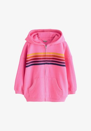 Roosa tõmblukkidega kapuutsiga sviiter, millel on ees taskud ja horisontaalsed triibud kollase, punase, lilla ja tumblue värviga rinna ja varrukate ulatuses.