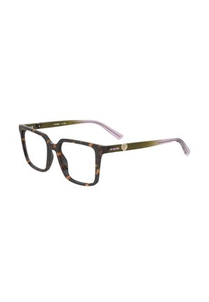 Montatura quadrata in tartaruga con aste verde oliva e un piccolo dettaglio a forma di cuore sulla stanghetta.