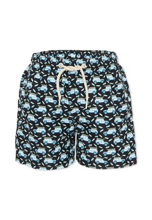 Czarne spodenki kąpielowe z niebiesko-białymi wzorami samochodów oraz białym ściągaczem w talii.