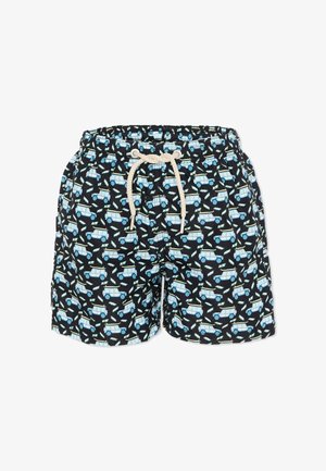 Shorts de bain noirs avec des motifs de voitures bleues et blanches et un cordon de taille blanc à nouer.