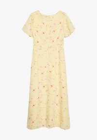 Yellow floral dress with short sleeves, featuring pink and green patterns, a simple round neck, and a floor-length skirt.