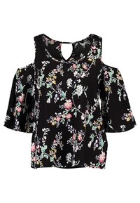 Blusa nera fiorita con spalle scoperte e maniche a campana corte. Presenta un motivo di fiori colorati in rosa, bianco e verde su un tessuto liscio.