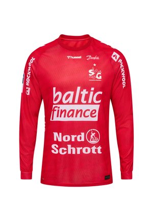 Red long-sleeve sports jersey featuring white logos and text including "baltic finance," "Nord Schrott," and "Rockwool" on sleeves and chest.
