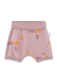 Helle lila Shorts mit einem elastischen Bund, die ein Muster aus Elefanten, Giraffen und Blättern in pastelorange und lila Farben zeigen.
