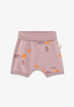 Helle lila Shorts mit einem elastischen Bund, die ein Muster aus Elefanten, Giraffen und Blättern in pastelorange und lila Farben zeigen.