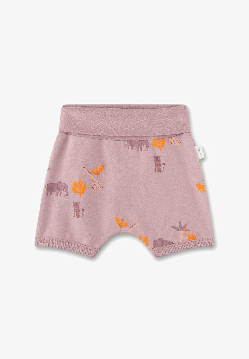 Helle lila Shorts mit einem elastischen Bund, die ein Muster aus Elefanten, Giraffen und Blättern in pastelorange und lila Farben zeigen.
