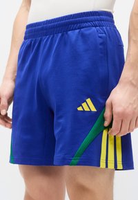 Μπλε αθλητικές βερμούδες από μαλακό ύφασμα, με πράσινες και κίτρινες λεπτομέρειες, ελαστική μέση και λογότυπο στο αριστερό μπούτι.