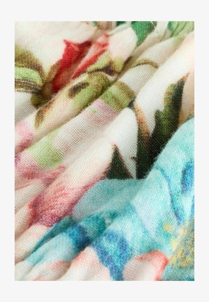 Tessuto a fantasia floreale con un materiale morbido e leggero nelle sfumature di rosa, verde e blu, caratterizzato da una tessitura delicata e texturizzata.