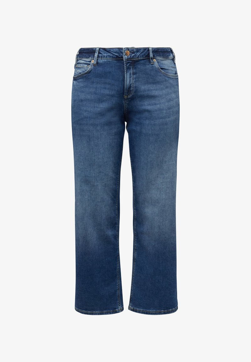 Midblaue Jeans mit geradem Bein, vorderen und hinteren Taschen, Knopfverschluss und subtilen Verblassungen an Oberschenkeln und Knien.