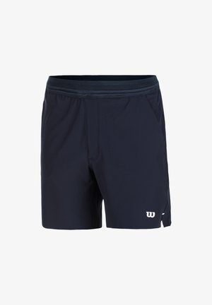 Pantaloncini sportivi blu navy realizzati in tessuto leggero con cintura a rete, tasche laterali e un logo bianco sulla gamba sinistra in basso.