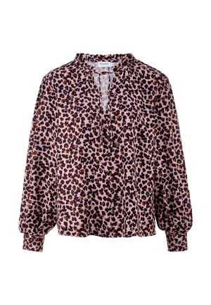 Bluse mit Leopardenmuster, langen Ärmeln, einem plissierten Kragen und einer lockeren Passform, hauptsächlich in Rosatönen, Braun und Schwarz.