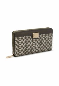 Portafoglio a zip marrone e oro con un motivo geometrico di cerchi interconnessi, dotato di una piastrina dorata sul davanti. Materiale testurizzato.