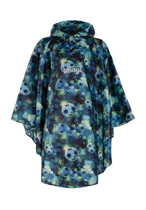 Poncho impermeabile con cappuccio, motif a palloni da calcio multicolore, tonalità blu e verdi, e testo del logo "baagl" sul davanti.