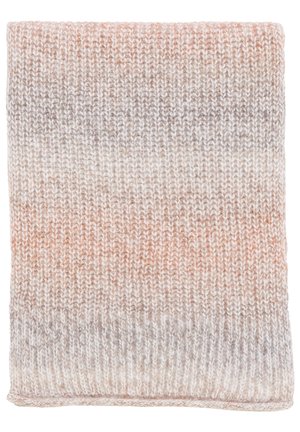 Opgevouwen gebreide sjaal met horizontale verloopstrepen in beige, lichtbruin en grijstinten, met geribbelde textuur en zachte wol.