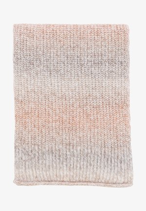 Écharpe tricotée pliée avec des rayures dégradées horizontales dans des tons beige, marron clair et gris, montrant une texture côtelée et un fil doux.