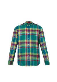 Groene geruite overhemd met rode, blauwe en gele patronen; lange mouwen; button-down kraag; katoenmateriaal; voorknopen.