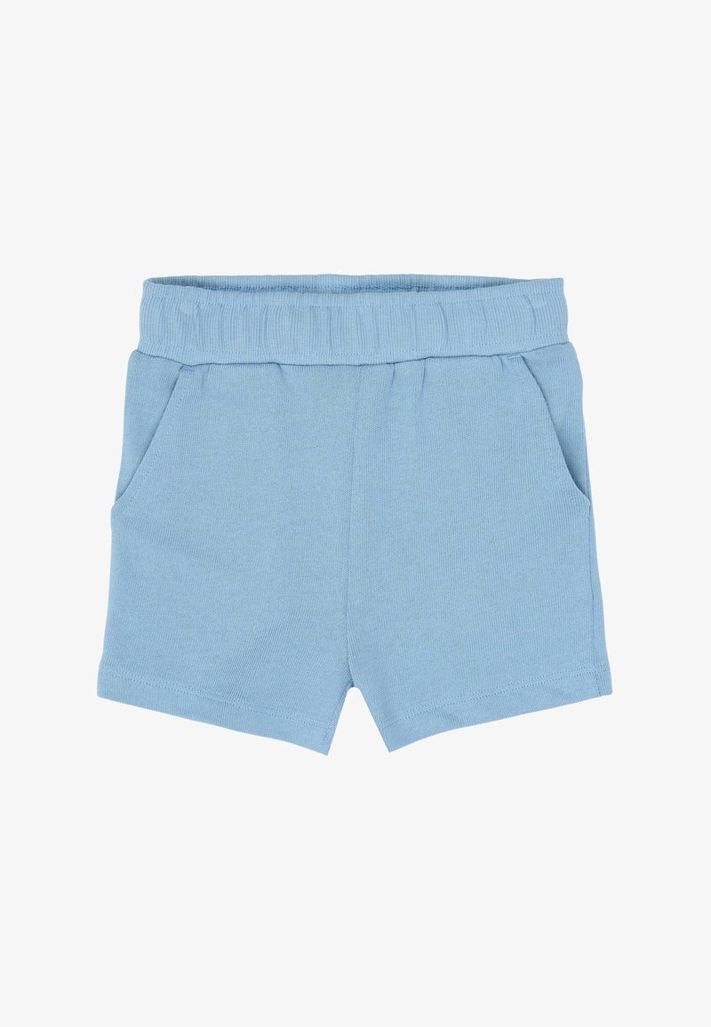 Shorts en coton bleu clair avec une ceinture côtelée, deux poches latérales et un design simple. Texture douce avec une coupe décontractée.