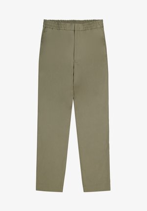 Olijfgroene, lichte broek met een elastische tailleband, rechte pijpen en een gladde textuur. Geen zakken, effen kleur ontwerp.