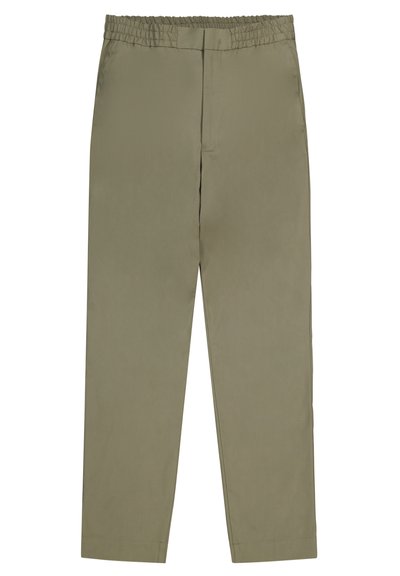Pantalons légers de couleur vert olive avec une taille élastique, jambe droite et texture lisse. Sans poches, design uni.