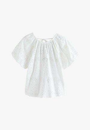 Balta medvilninė palaidinė su siuvinėjimais akies raštais, platūs trumpi rankovės, surinkta apykaklė ir maža raištelė gale.