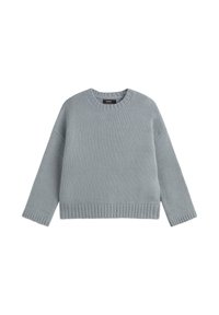 Light grey knit sweater with a round neckline, dropped shoulders, ribbed cuffs, and hem. Features a textured pattern throughout.
