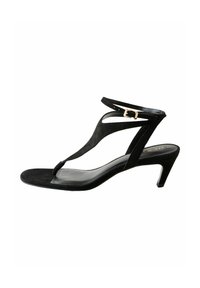 Sandal con tacco in suede nero caratterizzato da un design con T-strap, cinturino alla caviglia regolabile con fibbia dorata e punta affilata ed elegante.