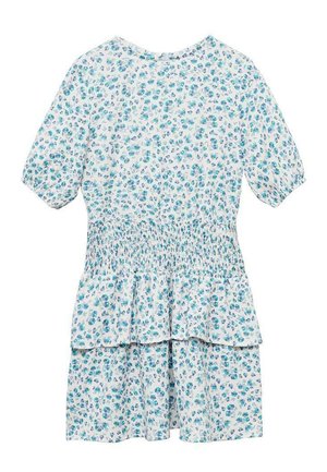Witte jurk met blauwe bloemenprint, korte pofmouwen, smock taille en gelaagd rucheszoom. Gemaakt van lichtgewicht stof.