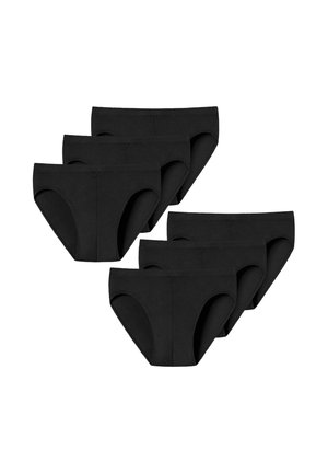 Six pairs of plain black men's briefs arranged in two groups of three on a white background.