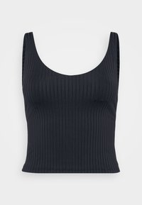 Black ribbed tank top with a scoop neckline and wide straps. Smooth texture with a fitted silhouette, designed for comfort and versatility.