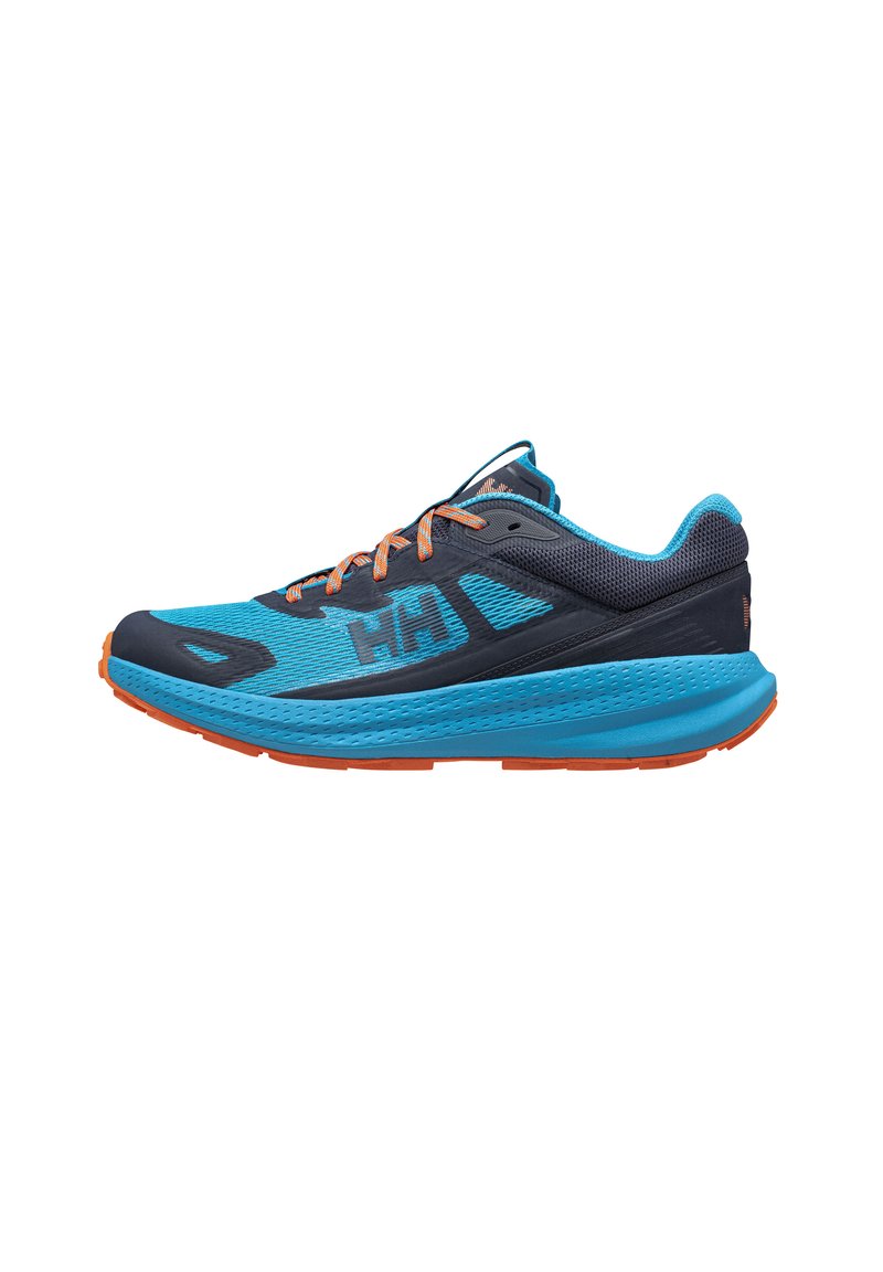 Zapatilla deportiva azul y gris con suela naranja. Presenta un upper texturizado, malla transpirable y cordones en contraste. Diseño ligero.