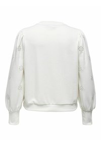 Pullover bianco con maniche a palloncino, caratterizzato da dettagli in pizzo floreale, polsini a coste e scollatura rotonda. Tessuto morbido e testurizzato.