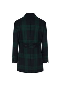 Kabát z vlnenej zmesi s tmavozeleným a čiernym kostkovaným vzorom, so strihaným chrbtom, opaskom a dvojitým gombíkovým zapínaním, a klopovými golierom.