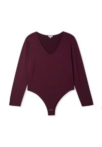 Bordowy bodysuit z długim rękawem i głębokim dekoltem w kształcie V, wykonany z miękkiego materiału, dopasowany krój oraz zapięcie na napy w dolnej części. Gładka, elastyczna faktura.