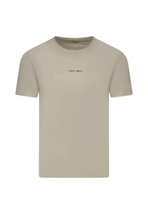 T-shirt beige uni à manches courtes avec col rond et petit texte centré "TEDDY SMITH" sur la poitrine.