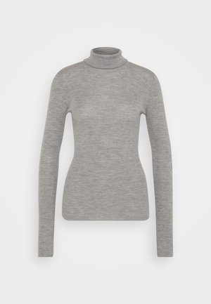 Grauer Rollkragenpullover aus weichem, geripptem Stoff. Er hat lange Ärmel und eine taillierte Silhouette, mit minimalen Details und ohne sichtbare Muster.