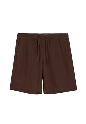 Brązowe szorty casual z elastycznym pasem, sznurkiem i bocznymi kieszeniami, odpowiednie do noszenia na co dzień.