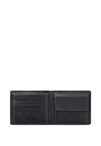 Monedero de cuero negro abierto, mostrando cuatro compartimentos para tarjetas a la izquierda y un monedero para monedas con tapa a la derecha, detalle de costura en blanco.