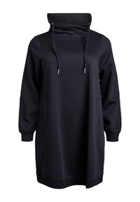 Svart hooded sweatshirt klänning med långa ärmar, kängurufickor, justerbar dragsko-krage och ribbad mudd och nederkant. Mjuk tygkvalitet.