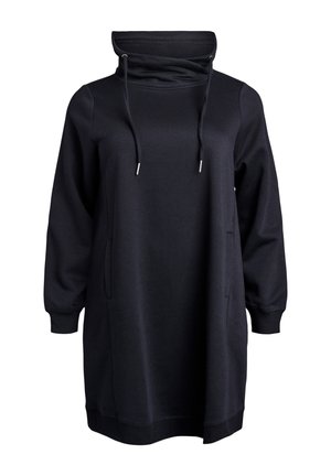 Black hooded sweatshirt dress with long sleeves, kangaroo pockets, adjustable drawstring collar, and ribbed cuffs and hem. Soft fabric texture.