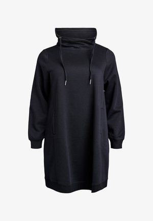 Černé šaty s kapucí a dlouhými rukávy, klokaní kapsy, nastavitelné stahovací límce a ribbové manžety a lem. Měkká textura tkaniny.