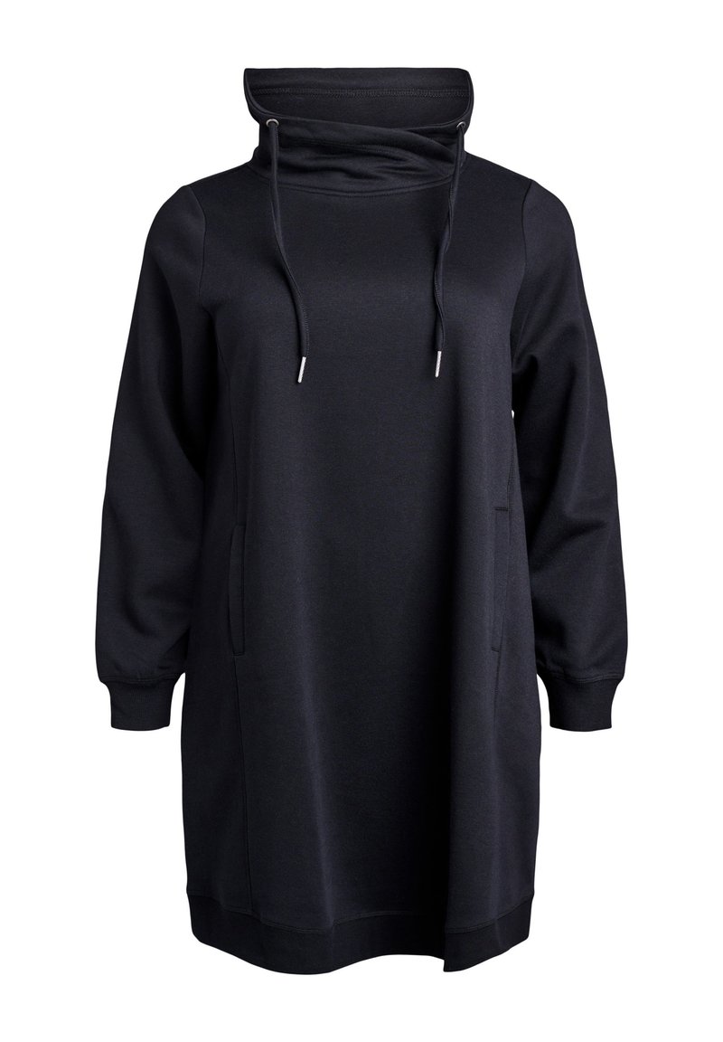 Svart hooded sweatshirt klänning med långa ärmar, kängurufickor, justerbar dragsko-krage och ribbad mudd och nederkant. Mjuk tygkvalitet.