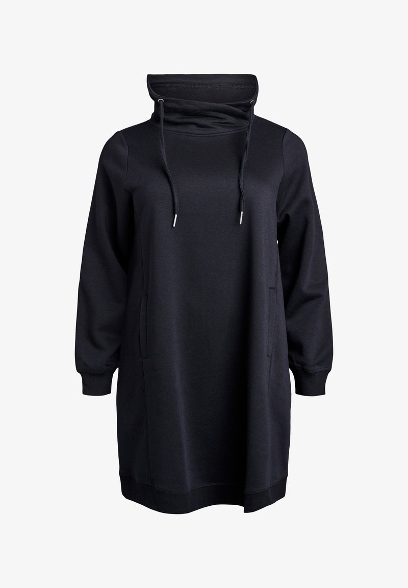 Crna dukserica haljina s kapuljačom, dugim rukavima, kenguru džepovima, podesivim vezanjem oko vrata i rebrastim manžetama i porubom. Mekana tekstura tkanine.