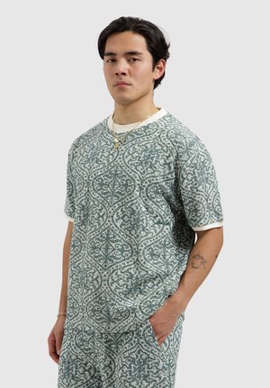 Man met zwart haar die een bijpassend groen-wit patroon draagt in een kortärmlig overhemd en broek, staande met één hand in de zak, neutrale uitdrukking.