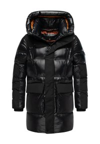 Svart vadderad parka med en glänsande yta, stor huva och orangefärgad foder, dragkedjestängning, flera fickor och justerbar nederkant.