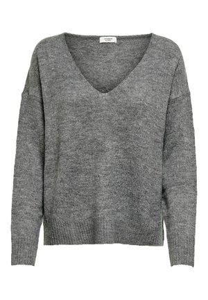 Pull gris avec un large col en V, des manches longues et une coupe décontractée. Fabriqué en tissu en tricot doux, avec des poignets et un ourlet côtelés.