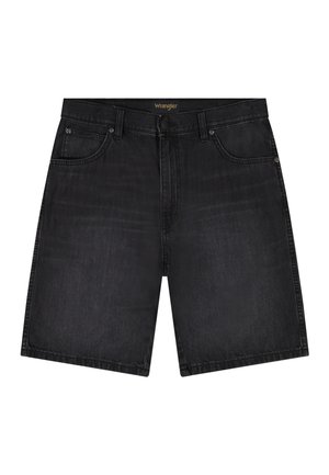 Shorts in denim nero con tasche frontali, passanti per cintura e chiusura con bottone, con marchio "Wrangler" sulla fascia interna in vita.
