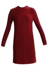 Rotes geripptes Strickkleid mit langen Ärmeln, Stehkragen und vertikalem Strukturmuster, das eine gerade Silhouette und eine Länge bis zur Mitte des Oberschenkels aufweist.