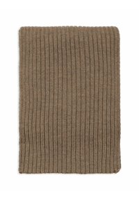 Coperta lavorata a maglia in una calda tonalità di marrone, caratterizzata da una texture a coste e forma rettangolare. Tessuto morbido con un motivo uniforme.