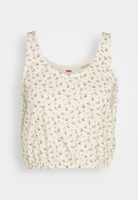 Top corto floral con escote redondo, que cuenta con una banda elástica en la cintura. Tejido ligero con pequeñas flores rosas y verdes sobre un fondo crema.